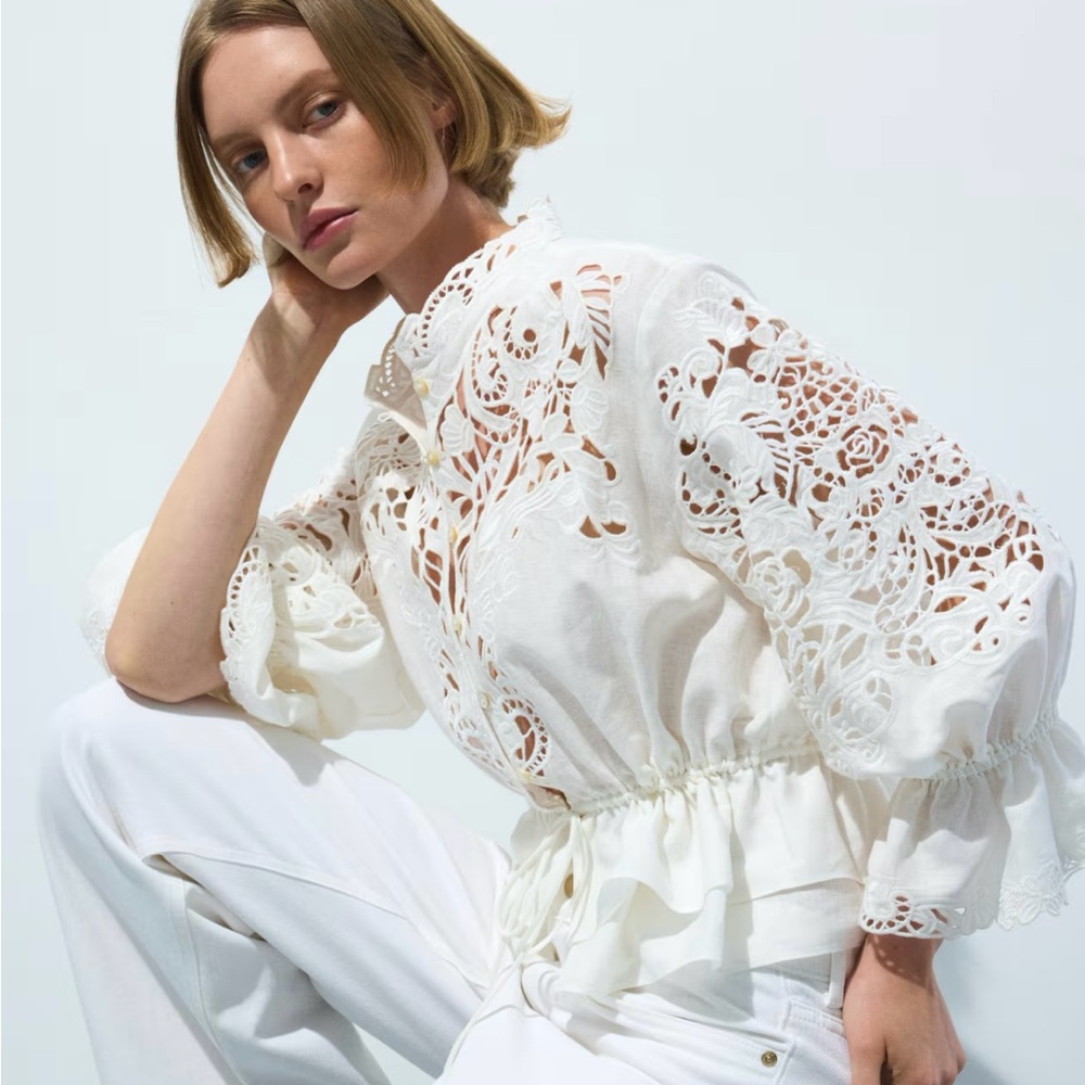 H&M LINEN-BLEND BLOUSE WITH EYELET EMBROIDERY - Picture 3 of 11